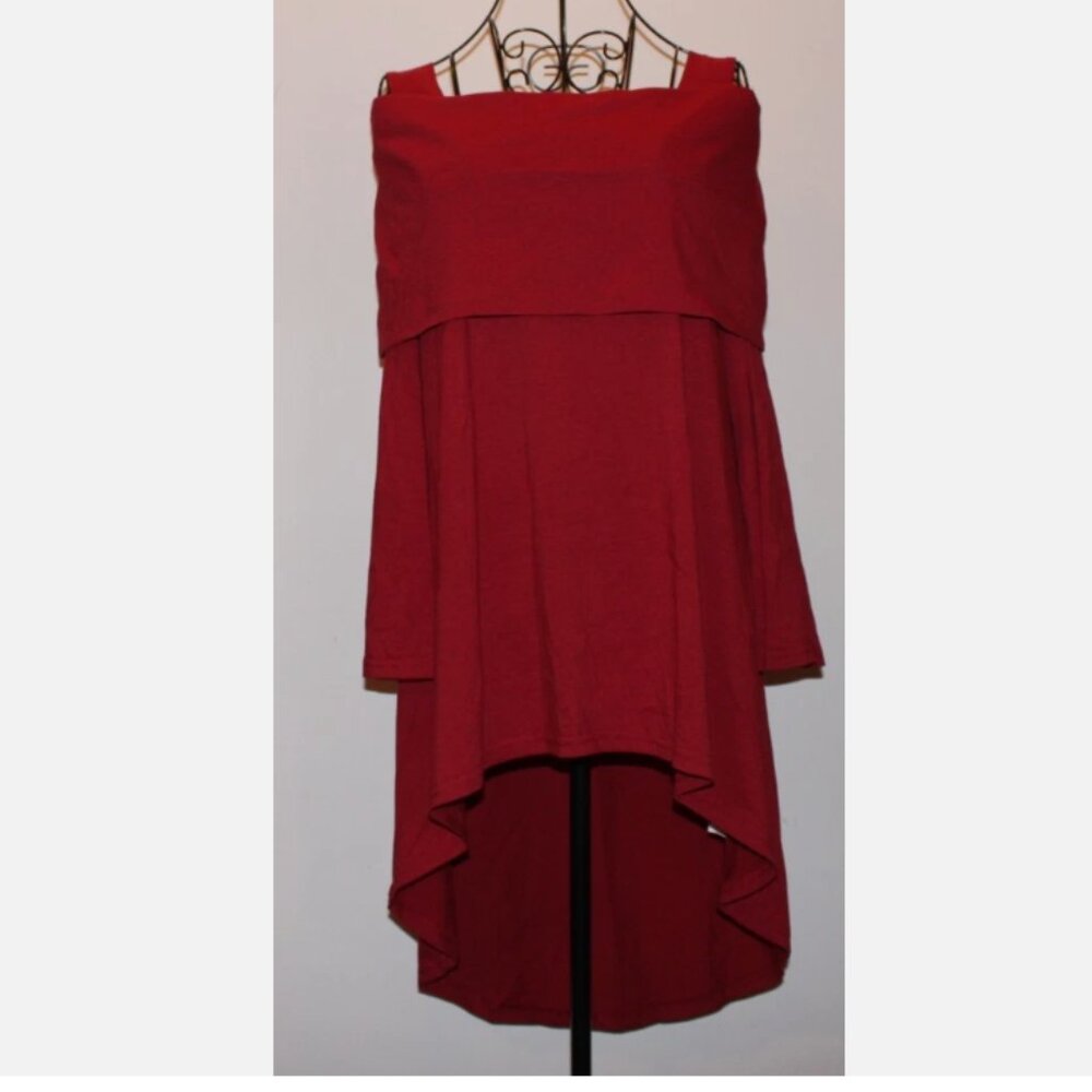DRESSFO Red High-Low Off-the-Shoulder Tunic Mini Dress Poly Cotton Stretch L NWT